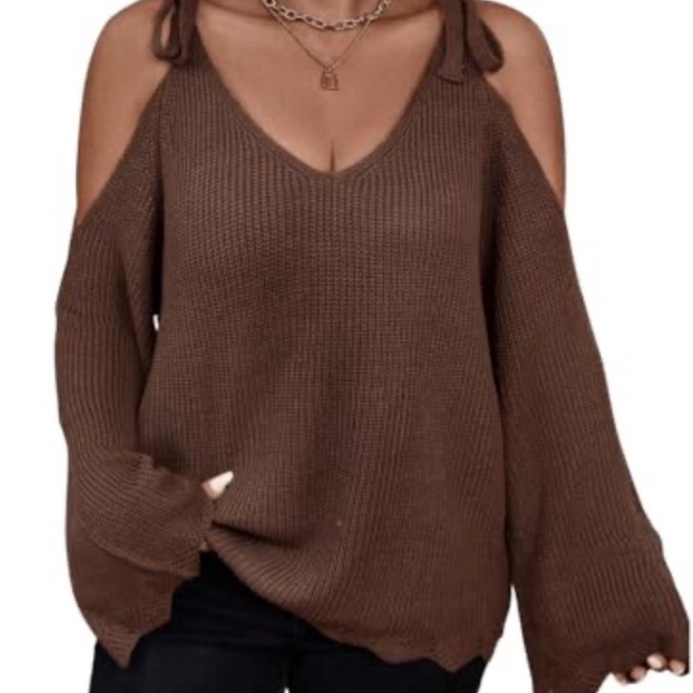 Brown Cold Shoulder knit Sweater